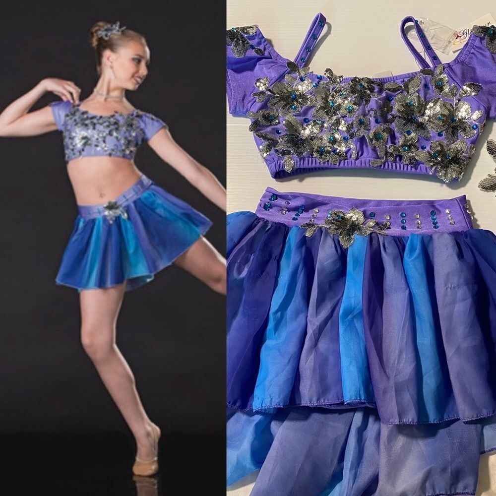 Glamour solo dance costume blue 2 piece lyrical skirt top 5443 LC child NEW